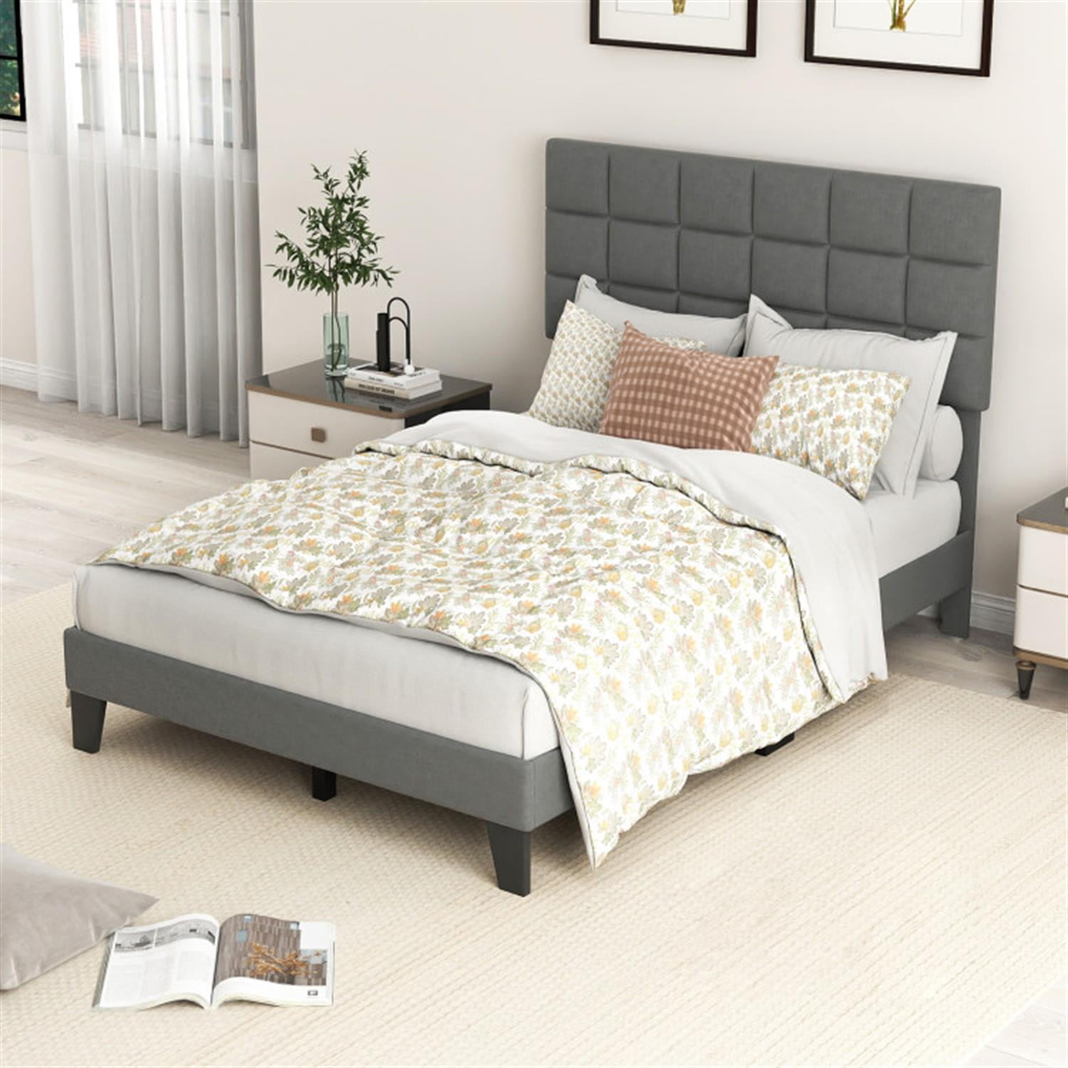 Demi Bonn Full Size Bed Frame with Adjustable Headboard, Modern Linen Platform Bed Frame with 10 Strong Wood Slat Support, No Box Spring Needed, Gray