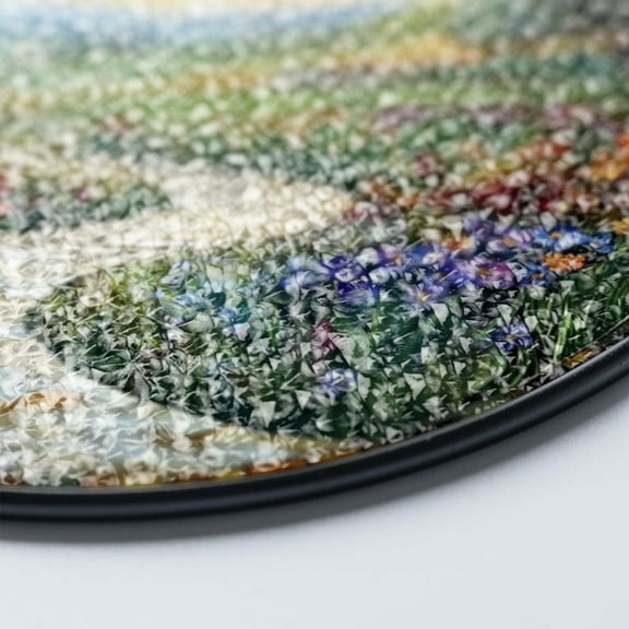 Round Stained Glass Suncatcher, Landscape Garden Path with Colorful Flowers, Handmade Mosaic Art Panel, Home Decor Gift, Nature Scene