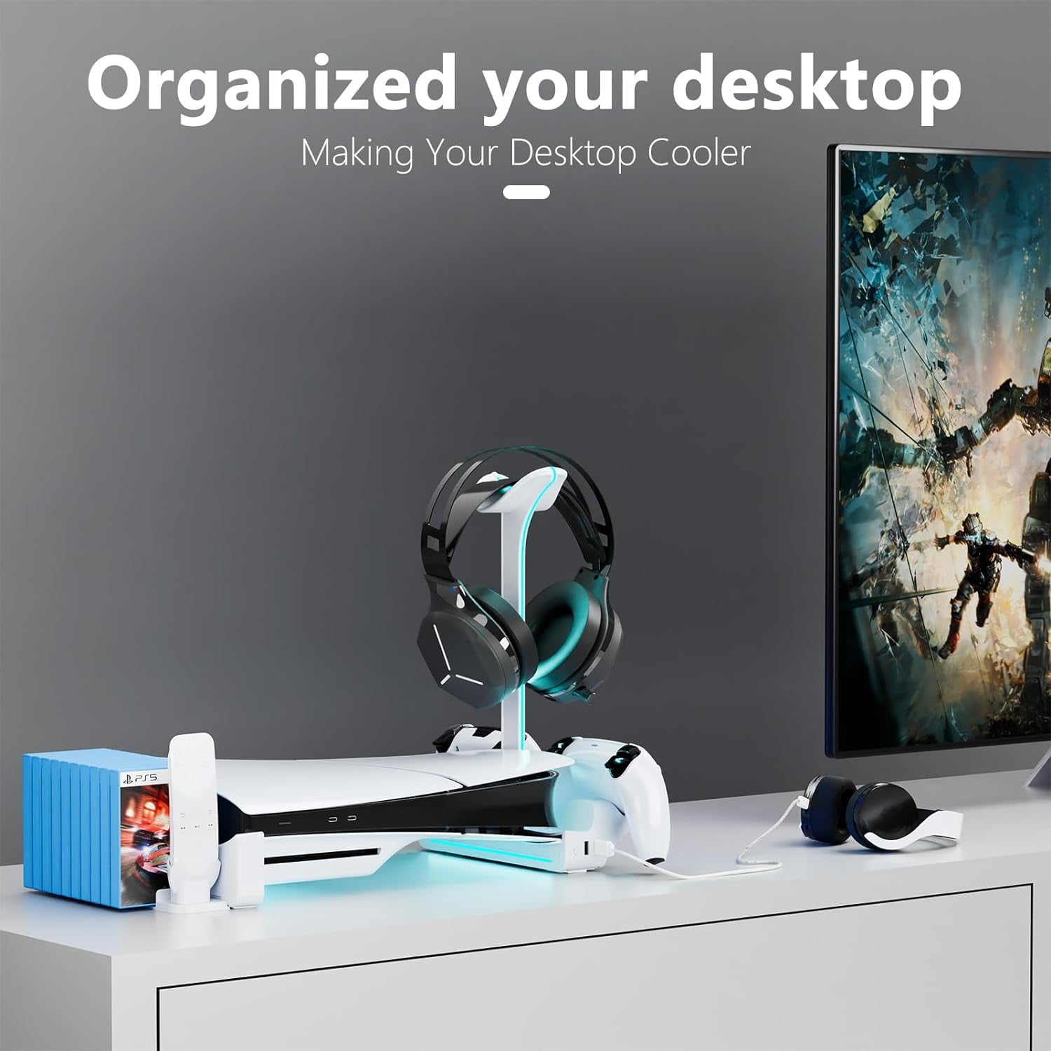 Horizontal Stand for PS5 Slim Disc & Digital Console, Playstation 5 Slim Stand with Dual Controller Charger and 7 RGB Light, PS5 Slim Accessories for PS5 Slim Console (NOT Fit PS5), White