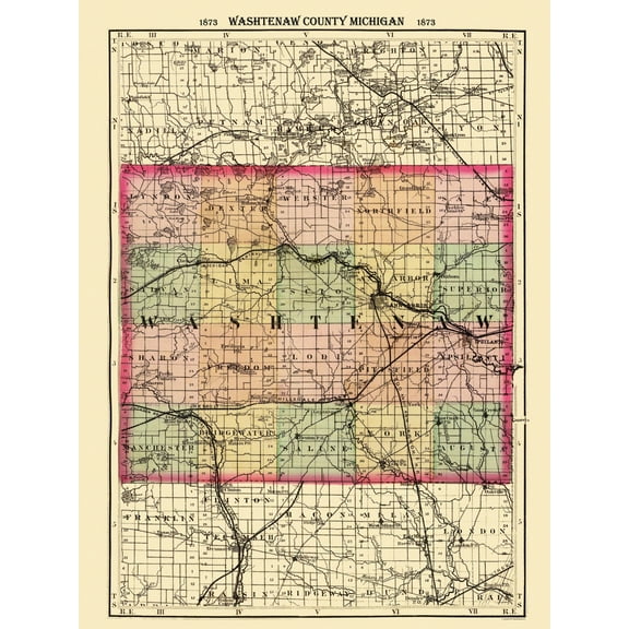 Historic County Map - Washtenaw County Michigan - Walling 1873 - Vintage Wall Art