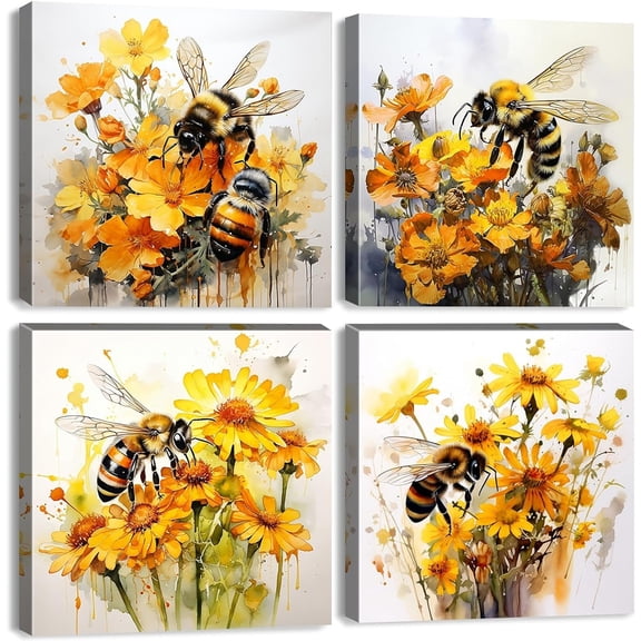Daisy Canvas Wall Art Yellow Wildflowers Wall Decor for Bedroom Watercolor Nature Poppy Honey Bee Pictures Poppy Floral Posters Still Life Artwork for Dining Room Kitchen Home Decorations 14x14" 4Pcs
