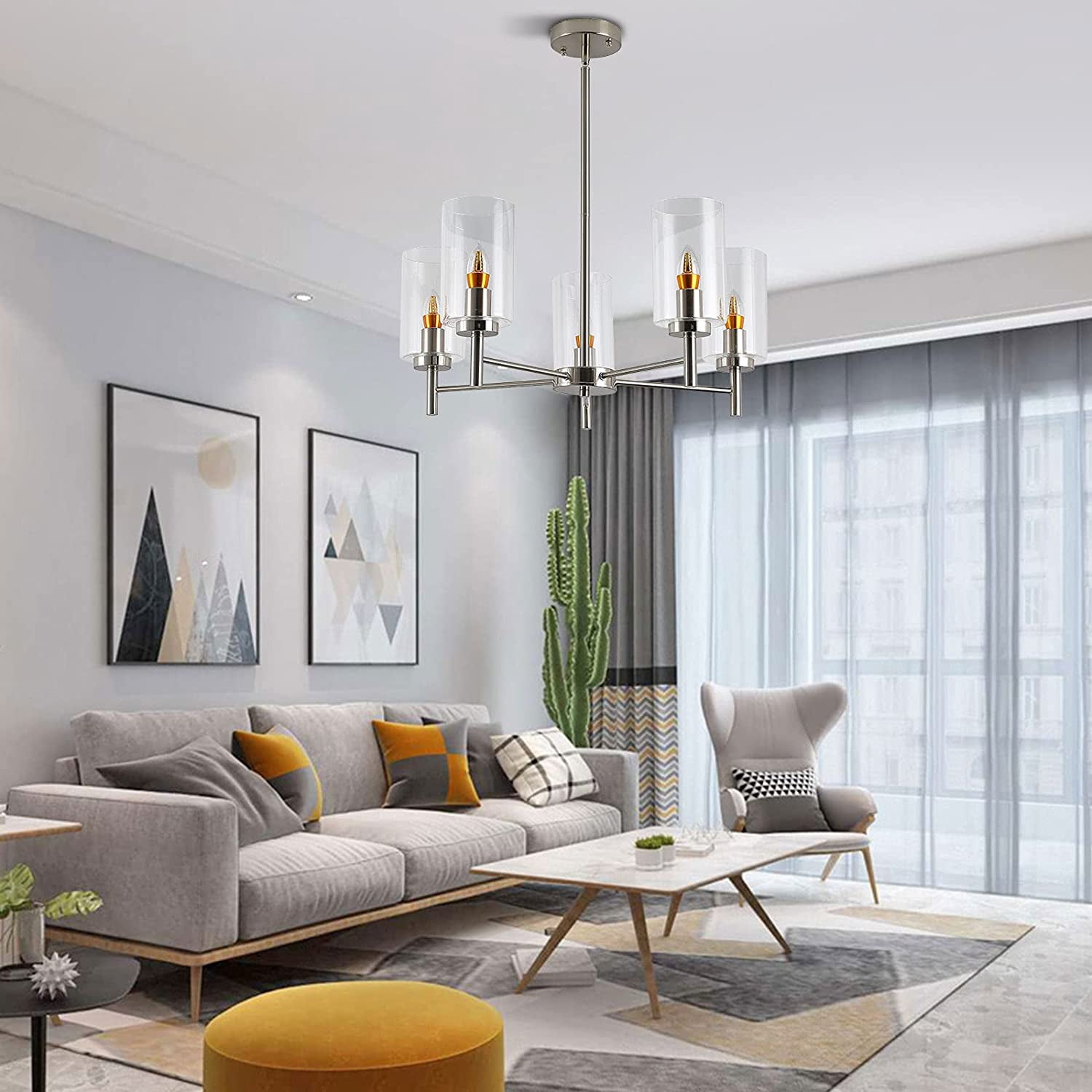 MONIPA 5 Light Chandeliers Contemporary Modern Clear Glass Shades Pendant Light Fixtures Adjustable Wire Lights Brushed Polished Nickel Pendant Lighting