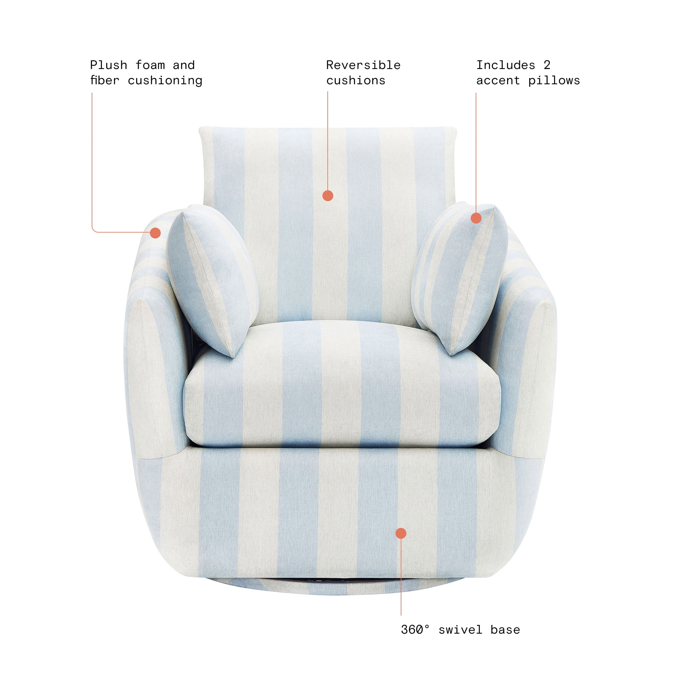 Beautiful Louisa Swivel Chair by Drew Barrymore, Hydrangea and Cream Stripe Fabric