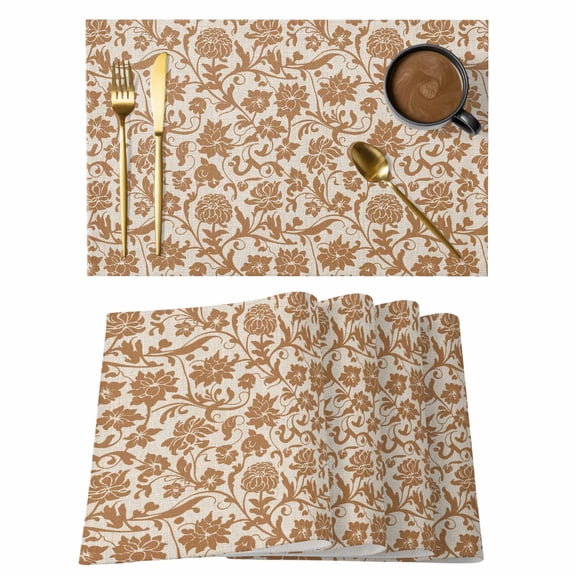 Placemats Set of 4, Brown Floral Woven Placemat, Linen Place Mats for Kitchen/Dining Tables, Vintage Rustic Flowers Botanical Spring Washable Table Mats for Party