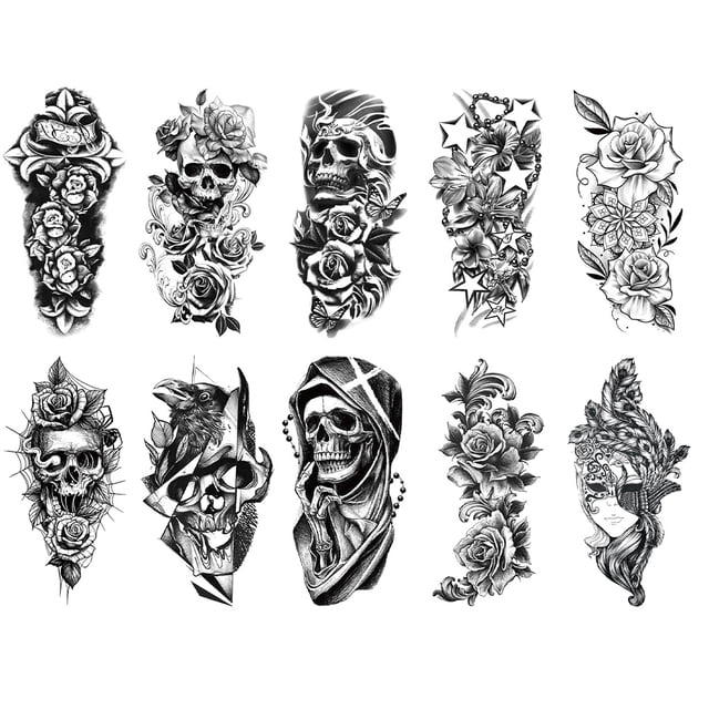 10 Tatuajes Falsos Desechables Impermeables para Adultos para La (flores Calavera)