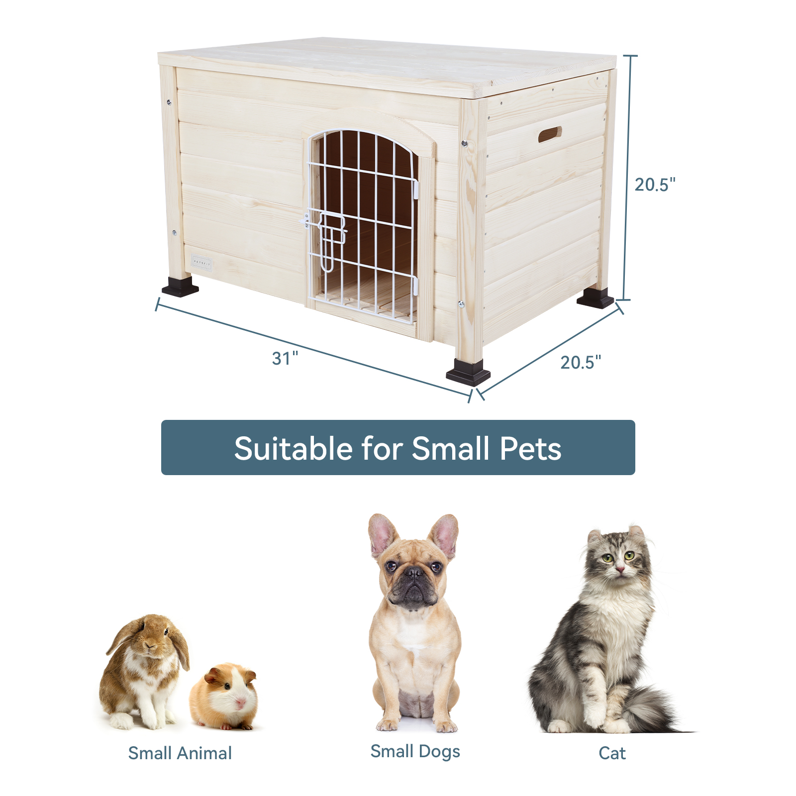 Petsfit Indoor Dog House Ventilate Wood Cat Houses with Elevated Floor&Anti-Slip Bottom Natural Wood Small