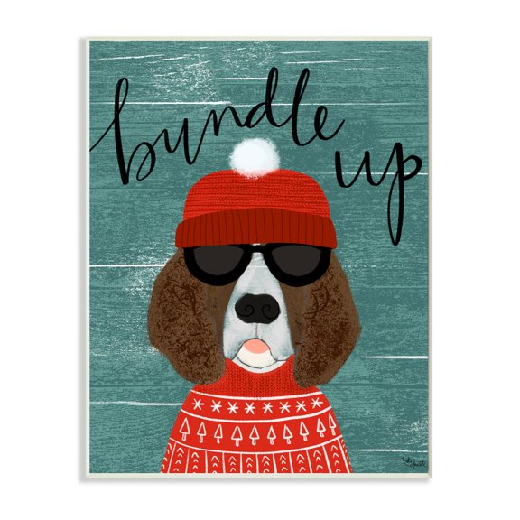 Stupell Industries Bundle Up Dog Pet Animal Holiday Word Design Wood Wall Art By Artist Katie Doucette