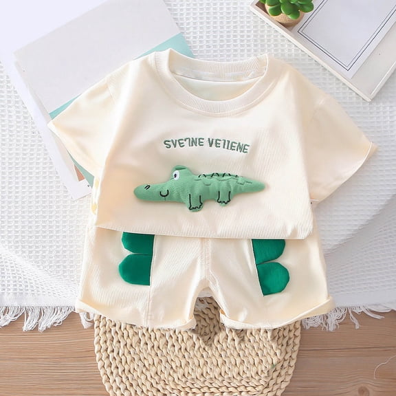 Toddler Boys Summer Outfits 2 Piece Animal Cartoon Print Top and Shorts Casual Suit Clothing Set Size 18-24 Months ,White