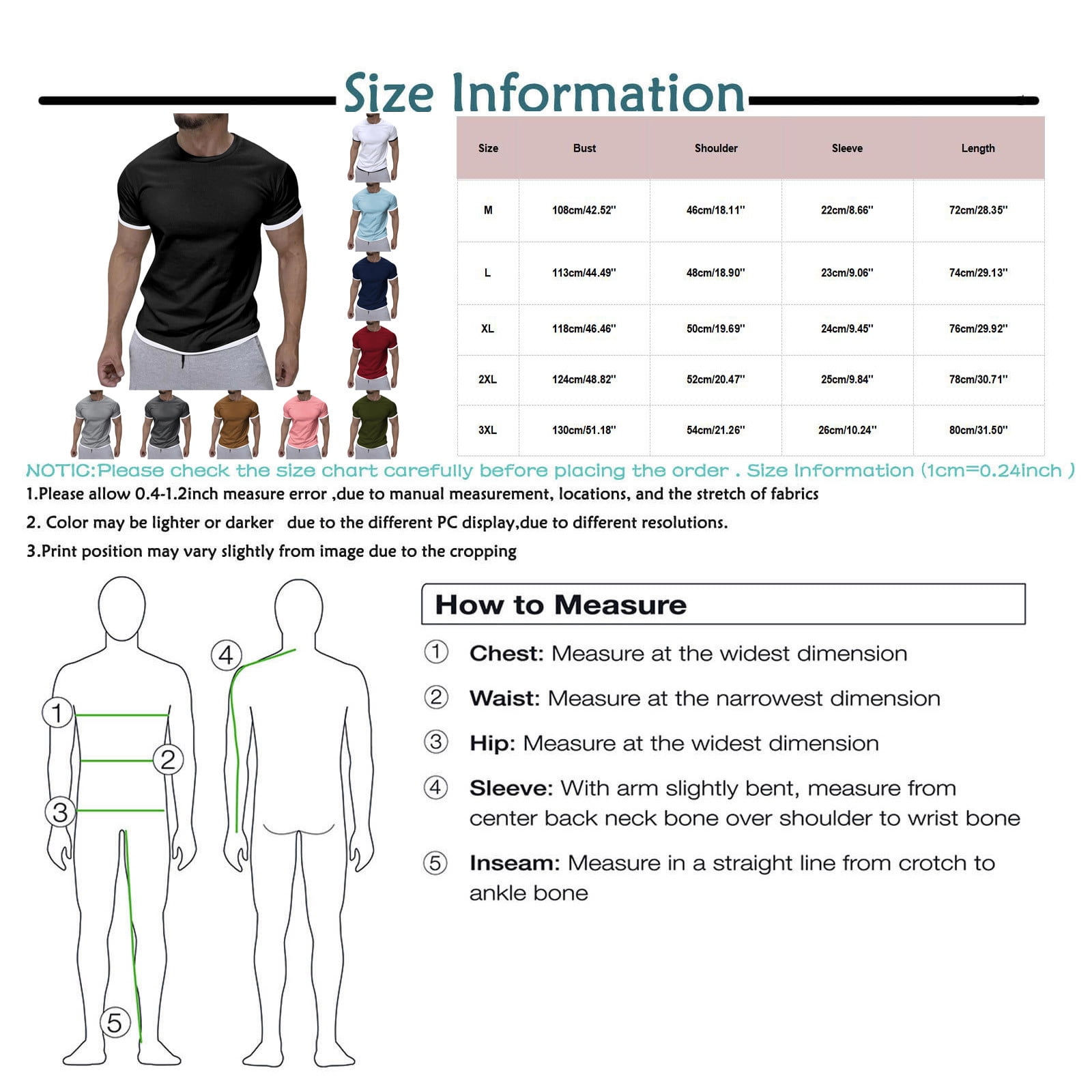 Upgrade your wardrobe with our Men's Short Sleeve Fashion Athletic T-Shirts, crafted from premium materials for long-lasting wear. The chic design of these shirts will elevate your style and turn heads wherever you go. Mix and match them with your favorite jeans and shoes for a fashionable look perfect for any occasion, from casual outings to beach trips. With a range of sizes available, make sure to consult our size chart before ordering to ensure the perfect fit. Stay effortlessly comfortable and on-trend with our Men's Short Sleeve Fashion Athletic T-Shirts.
For optimal care, hand wash these shirts in cold water and air dry. If you have any sizing concerns, don't hesitate to reach out to us for assistance. We are dedicated to providing accurate product details to our customers, although the information in this description may be subject to change by manufacturers and suppliers. Elevate your style game with our Men's Short Sleeve Fashion Athletic T-Shirts, designed to keep you looking sharp and feeling confident.