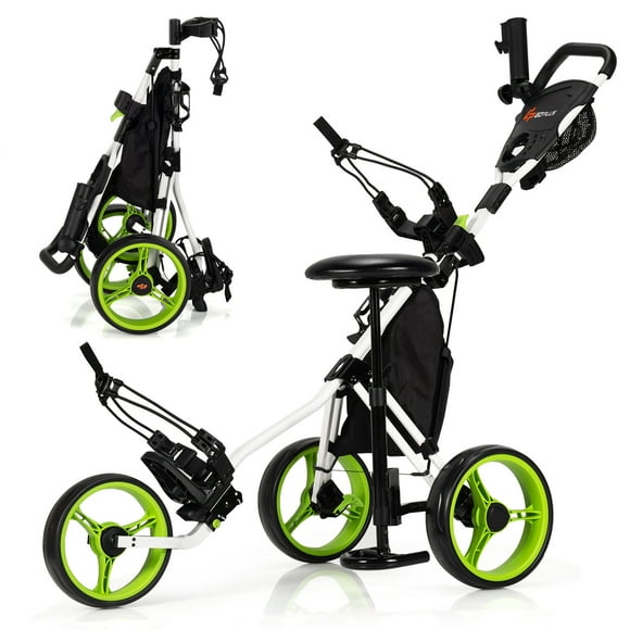 Patiojoy 3 Wheel Golf Push Cart Lightweight Foldable Caddy Cart for Golf Bags with Adjustable Seat and Handle Umbrella Holder and Foot Brake Green