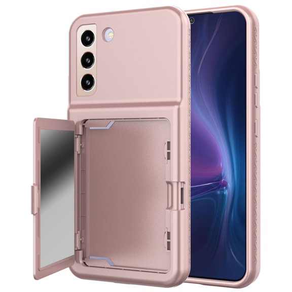 Allytech Wallet Case for Samsung Galaxy S22 with Card Holder, Built-in Mirror, Camera Screen Protection, Drop Protection Anti-Scratch Cover Case for Samsung Galaxy S22 - Rosegold