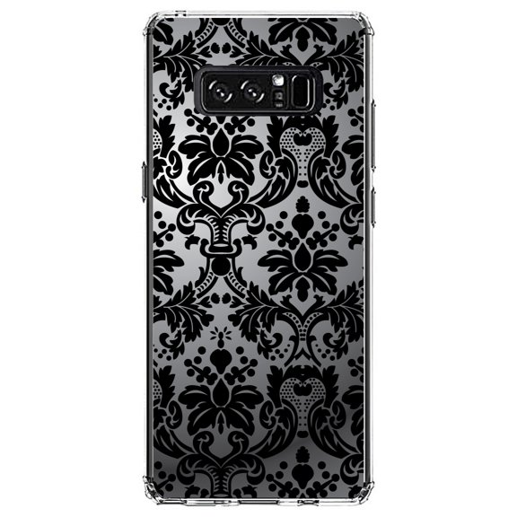 DistinctInk Clear Shockproof Hybrid Case for Samsung Galaxy Note 8 - TPU Bumper, Acrylic Back, Tempered Glass Screen Protector - Silver Grey Black Damask - Floral Damask Pattern