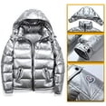 thumbnail image 3 of Shiny down jacket men's winter jacket stand collar down jacket with hood，XL，Silver, 3 of 5