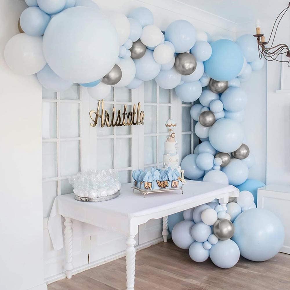 AOWEE Baby Blue Balloon Arch Kit, Macaron Light Blue White Metallic Silver Balloon Garland Decoration for Baby Shower Wedding Gender Reveal Party 1st 2nd 3rd 16th 18th Birthday