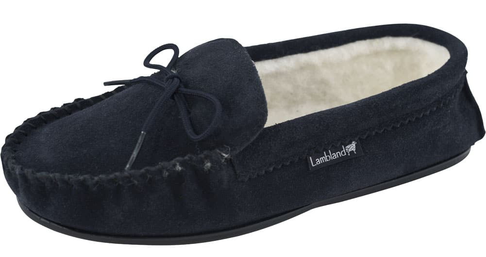 Lambland Mens Luxury Sheepskin Wool Lined Moccasin Slippers Hard Sole Navy Blue 