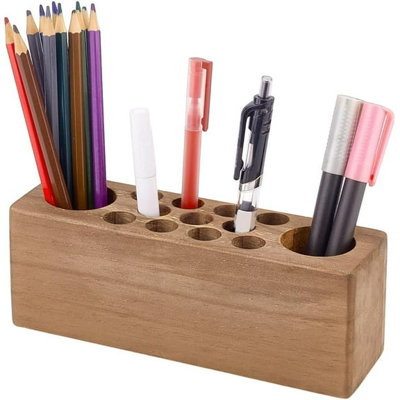 Wooden Pencil Holder for Desk 13 Hole Brush Organizer Stand Rustic Style Fountain Pen Holder for Office Studio Gift for Artist Teacher Christmas Thanksgiving 7.9x2.3x2.9 Sienna