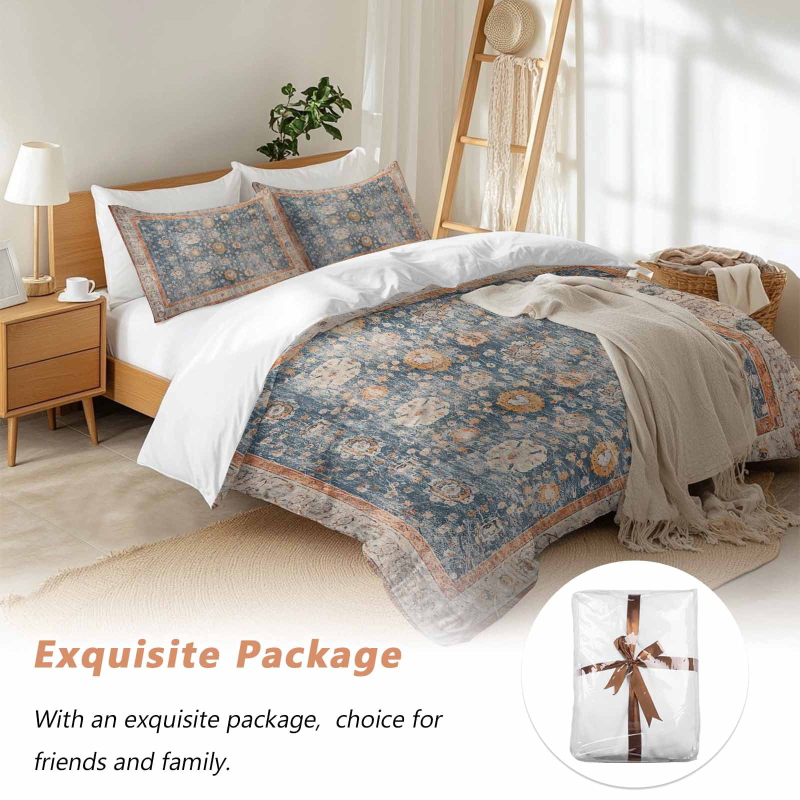 Blue Beige Vintage Bedding 3 Piece Duvet Cover Set California King, Modern Geometric Abstract Art Ethnic Soft Microfiber Comforter Cover with Zipper Closure & Pillowcases, FadeResistant Quilt Cover