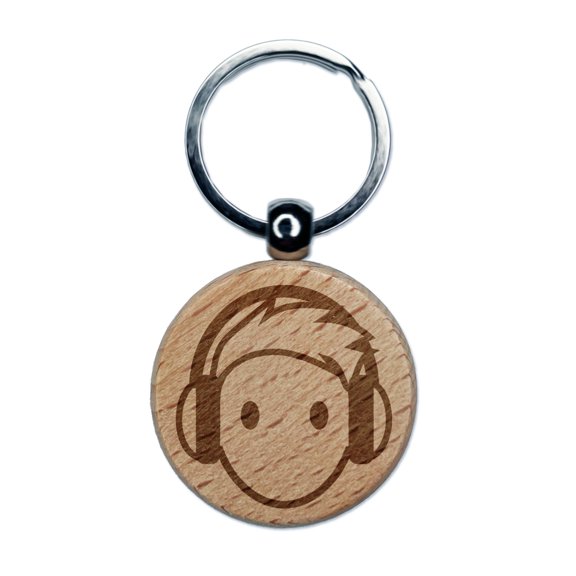 Occupation DJ with Headphones Icon Round Keychain Charm Tag - Engraved Wood