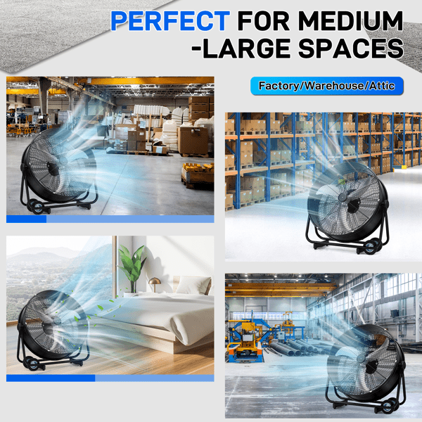Alvantor 30-Inch High Velocity Floor Fan, 3-Speed, 230W, Black