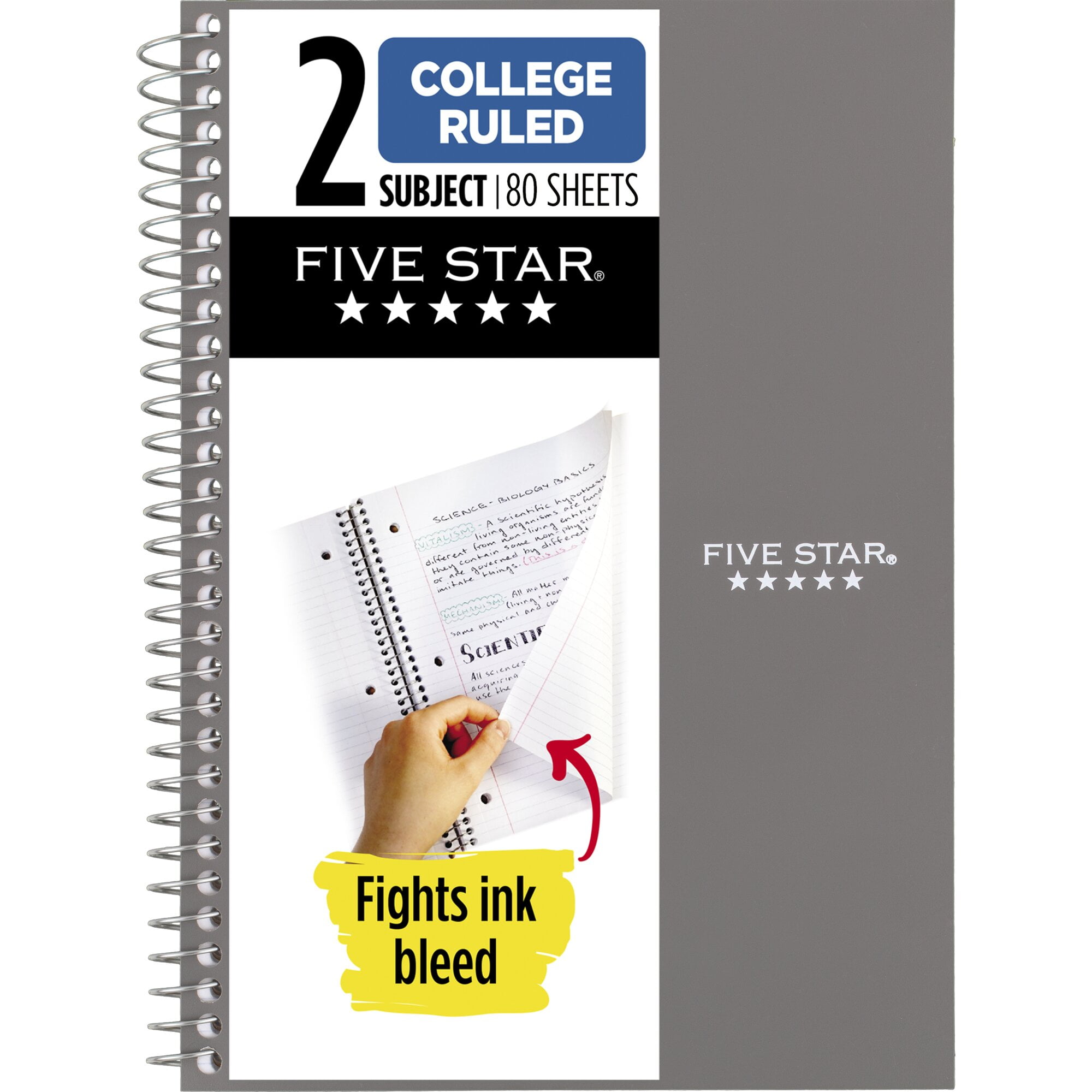 (2 pack) Five Star Spiral Notebook, 2 Subject, College Ruled, 6" x 9.5", Gray
