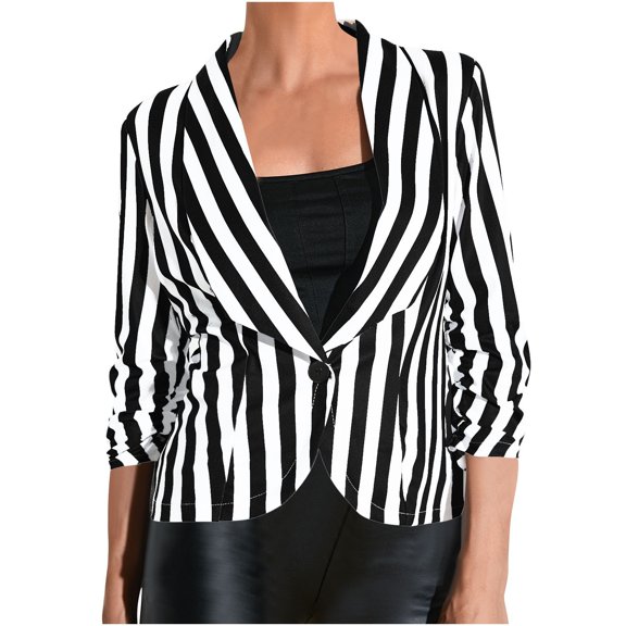 Crgrtght Women Button Down Collared 3/4 Sleeve Striped Fashion Casual Business Work Slim Jacket Lightweight Blazer, Black XXL