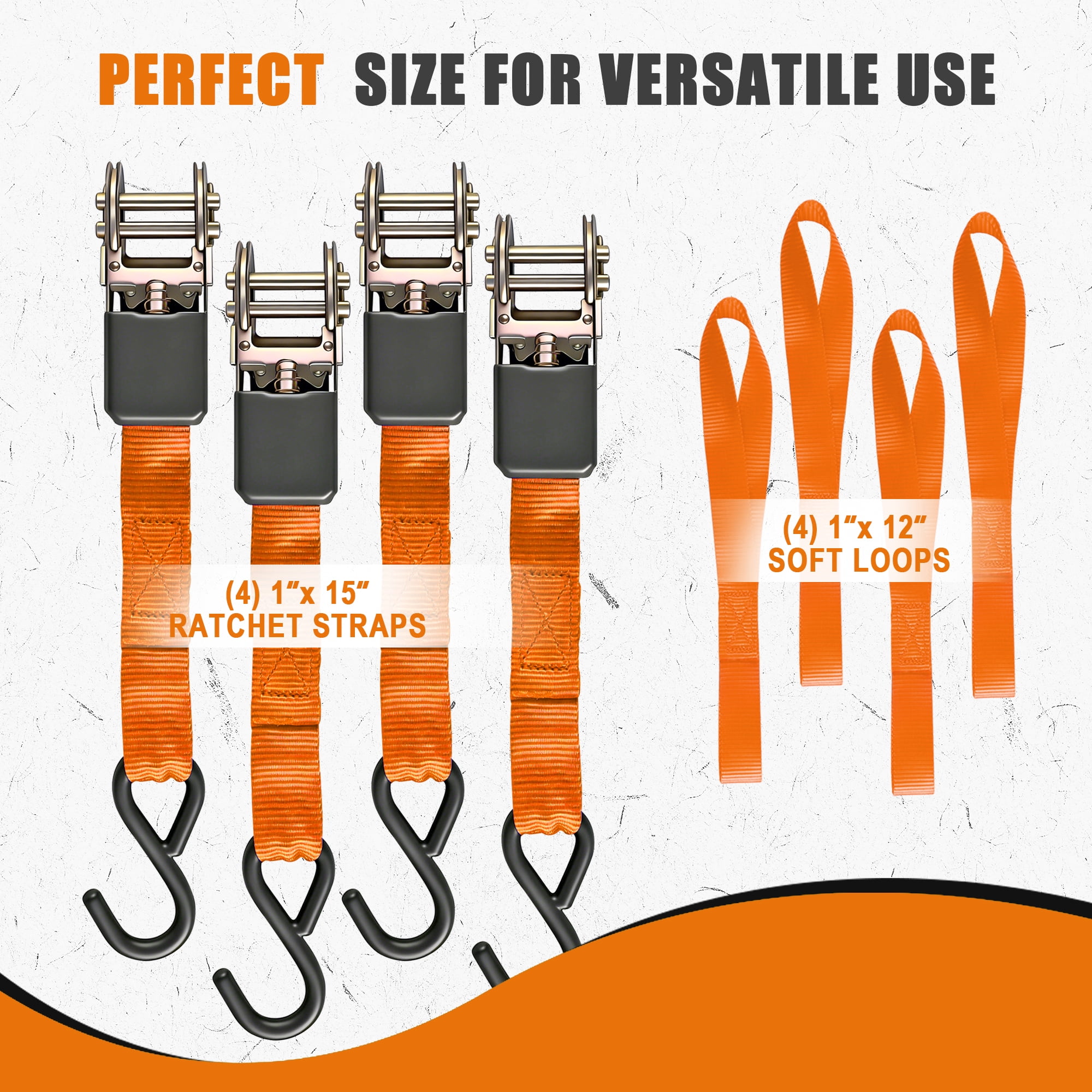 AWELCRAFT 1500 lb Premium 15ft Tie-Down Ratchet Straps with ''S" Hooks, 4-Pack Orange