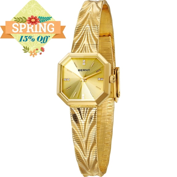BERNY Small Gold Watches for Women, Dainty Luxury Diamond Dial, Stainless Steel Bracelet Watch, Fashion Ladies Analog Quartz Watch, Minimalist Waterproof Womens Wristwatch Gifts (Gold)