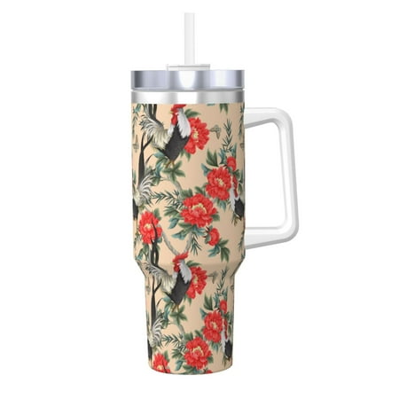 

Goofa Roosters And Peonies Flowers Print 40oz Ice Bully With Handle And Straw Stainless Steel Vacuum Insulated Cup And 2 In 1 Straw Lid