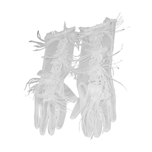 Lady Evening Dinner Gloves Feathered Elegant Full Finger White Gloves 1920s Women Lacy Gloves Bridal Wedding Gloves