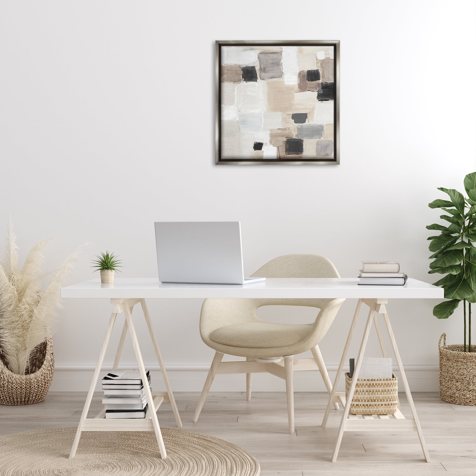 Stupell Industries Neutral Square Patchwork Abstract Painting Gray Floater Framed Canvas Art Print Wall Art, 25 x 25