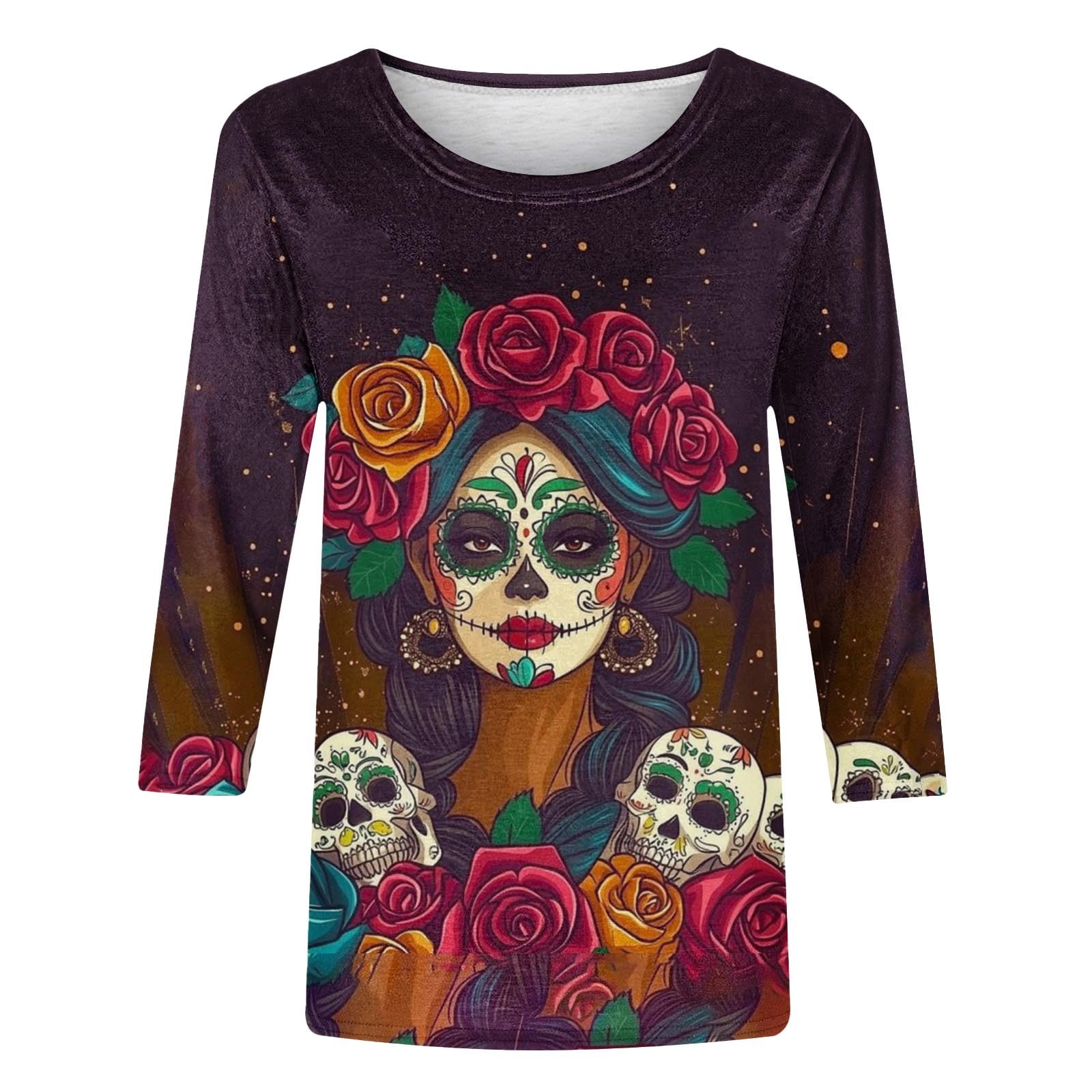 Women's Day of The Dead Print T-Shirt Crew Neck 3/4 Sleeve Loose Fit Mexican Skull Tee