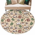 thumbnail image 2 of Tan Coffee 6ft Round Rugs, Vintage Latte Cafe Books Leaves Flowers Theme Washable Non-Slip Area Rugs for Living Room Bedroom Kitchen, Soft Low Pile Dining Room Kicthen Circle Carpet, Indoor Floor Rug, 2 of 9
