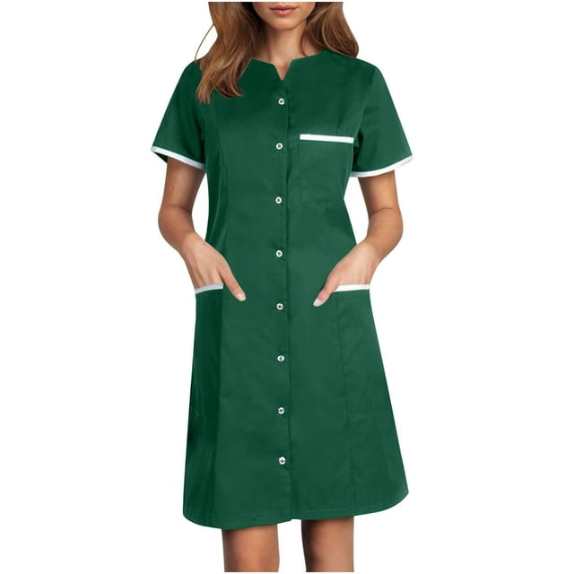 Vente Flash! Robe de Scrubs Bocqde pour Femmes Infirmières Uniforme de Travail Manches Courtes Boutonnée avec Poches