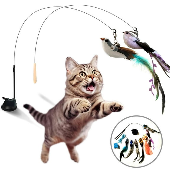 PESHOGAK Cat Toy Wand Auto Interactive Toys for Indoor Cat 10 in 1 Hands-Free Natural Bird Feather Ball Toys, Suction Cup Pet Dancing Playing Toy