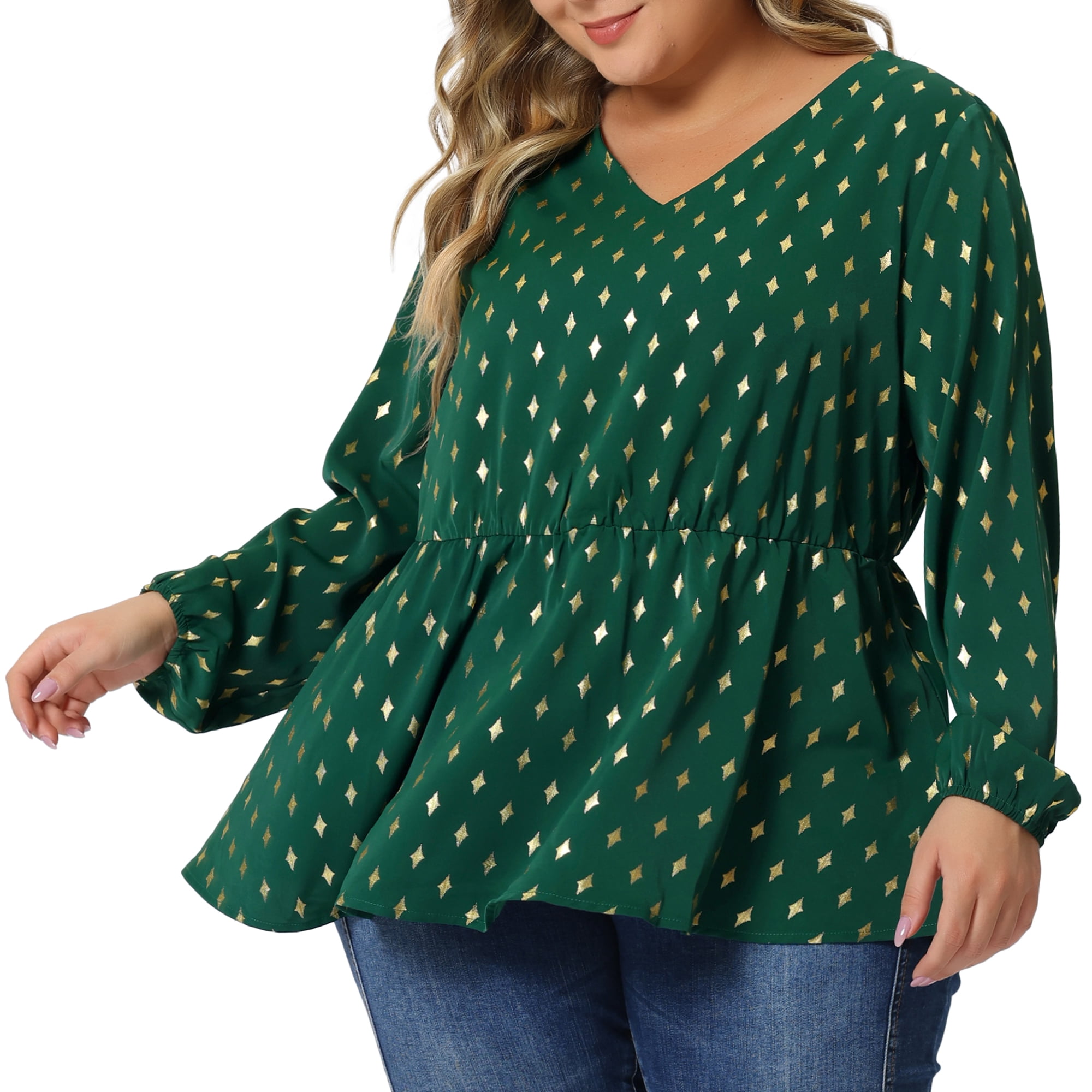 Women's Plus Long Sleeve V Neck Peplum Top Ruffled Elastic Waist Blouse 1X Dark Green