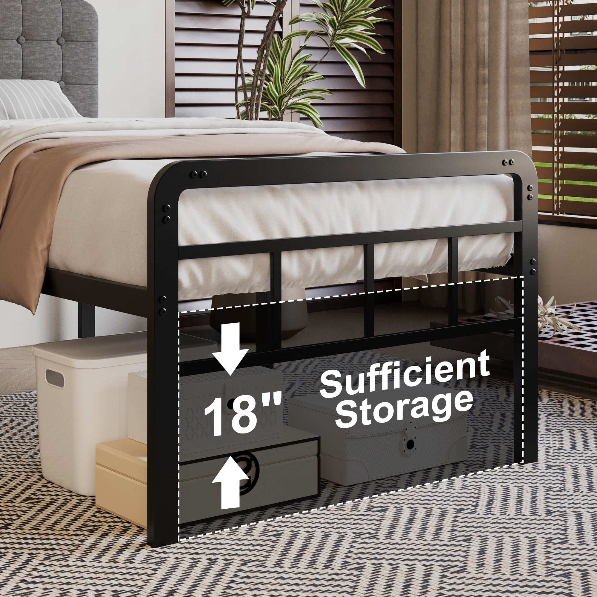 Lutown-Teen 18 inch Twin XL Bed Frames with Upholstered Headboard and Metal Footboard, Heavy Duty XL Twin Metal Bed Frame, No Box Spring Needed, Easy Assembly