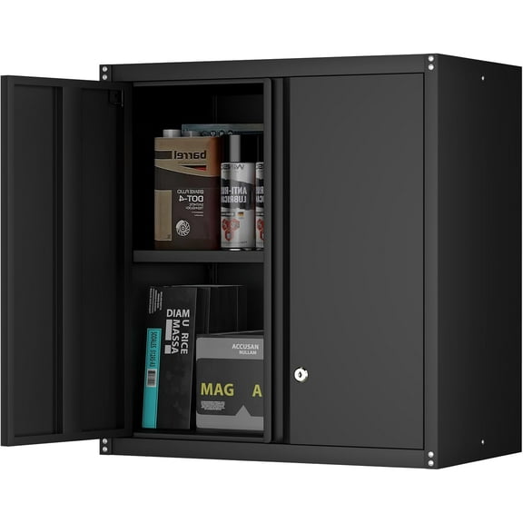 Wall Cabinets,Locking Wall Storage Cabinet with Adjustable Shelf,Garage Hanging Cabinet for Home Office,Garage,Basement,Black