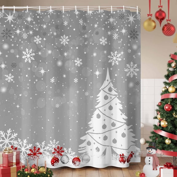 Grey Christmas Shower Curtain, Snowflake Winter Xmas Tree Waterproof Fabric Shower Curtains with 12 Hooks, Bathroom Curtain Set for Bathroom Accessories Decor, 48 x 72 Inches