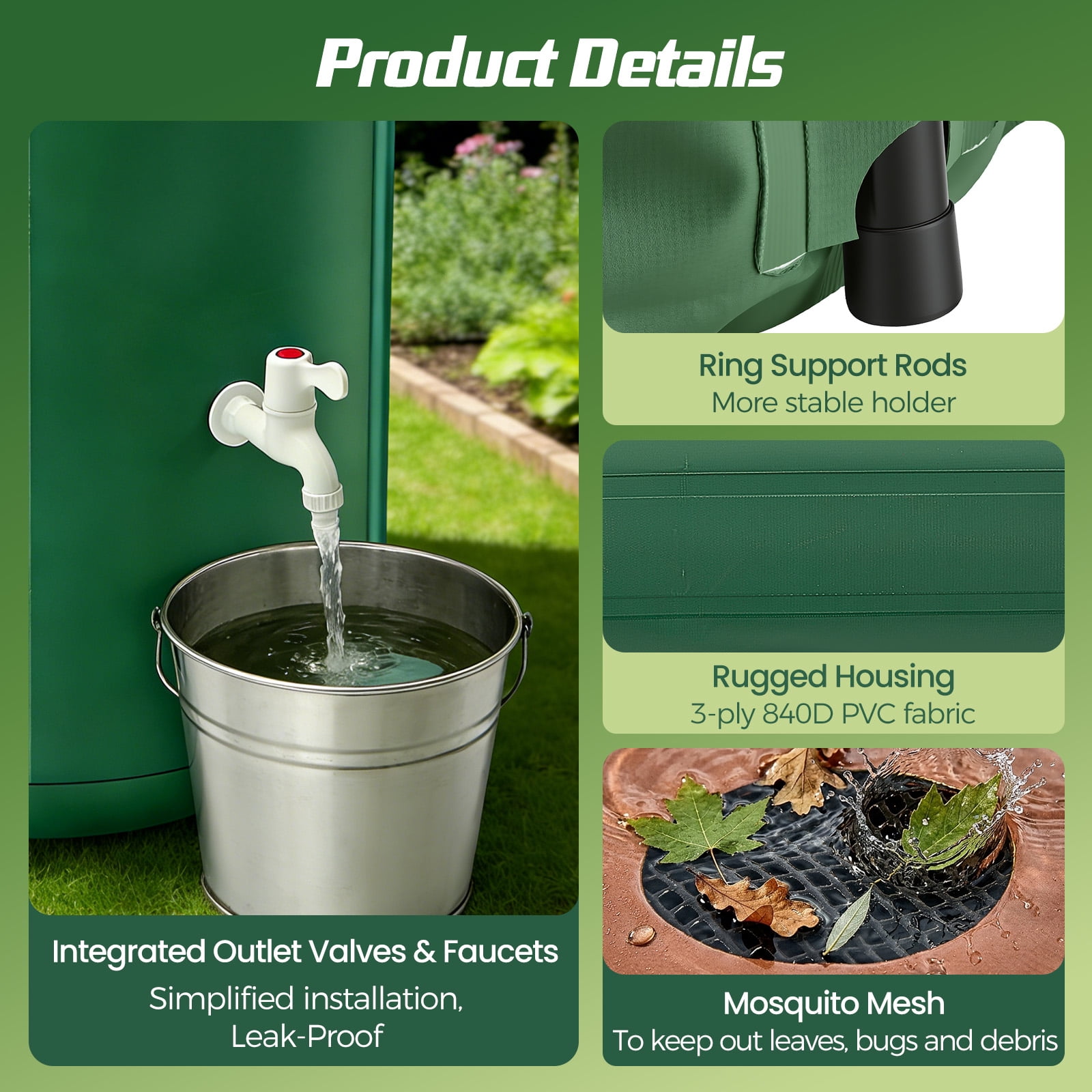 YTAKY Collapsible Rain Barrel 53 Gallon, Portable Rain Water Collection Barrel with 1000D Oxford Cloth, Spigot and Overflow Kit for Garden, Lawn, Outdoor - Green