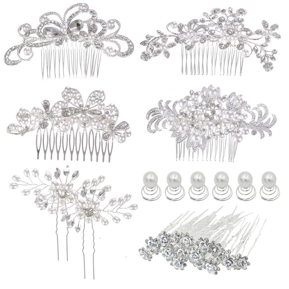 inSowni 32 Pack Peignes Latéraux de Mariage Argentés + Épingles à Cheveux en Forme de U & Torsadées Accessoires Perles en Strass pour Femmes Filles Mariées Demoiselles d'Honneur