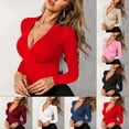 thumbnail image 4 of Women V Neck Long Sleeve High Strecth Ribbed Wrap Slim Fit Solid Casual Tops, 4 of 7