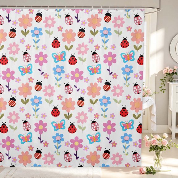 Erosebridal Retro Ladybug Shower Curtain 72Wx72L,Cartoon Flowers Bathroom Curtain,White Blue