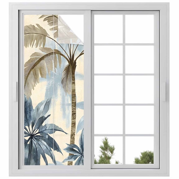 Palm Tree Beach Window Privacy Film, Watercolor Botanical Seaside Static Cling UV Sun Blocking Heat Control Window Tint Day and Night, Non-Adhesive Reusable One Way Windows Privacy Cover 23.6''x59''