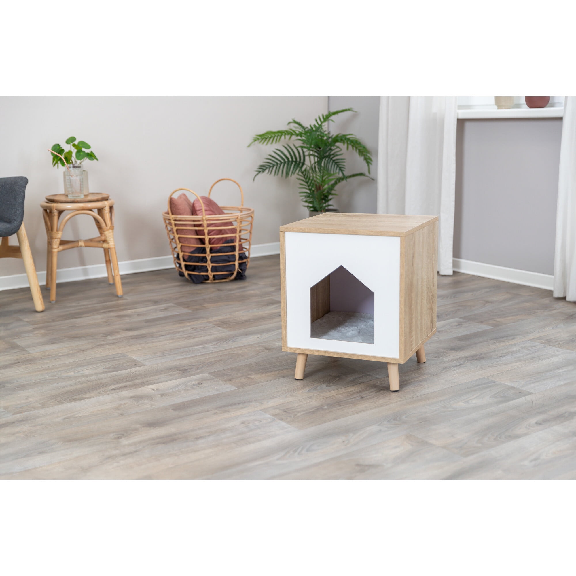 TRIXIE Isa Indoor Wooden Cat Condo, Modern Cat Bed Side Table with Cozy Cushion, Brown/White