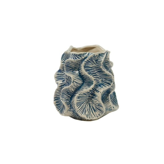 Bloomingville Organic Shaped Stoneware Vase with Wavy Pattern Exterior, Blue and Ivory