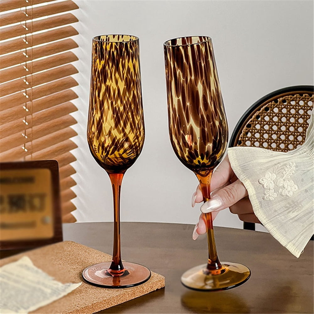 Vintage Champagne Glass, Leopard Print Champagne Flute Glass Set of 2 Capacity 8.29 oz for Couples Dating Christmas
