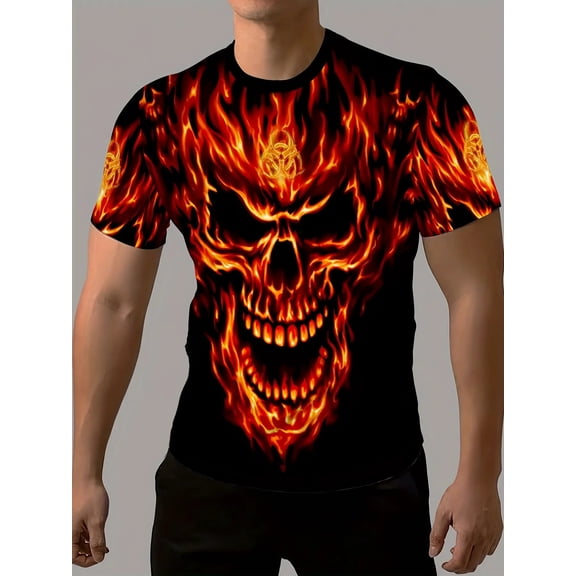 Men's Skull Flame T-Shirt - Black with Bright Orange/Yellow Gothic Print, Short Sleeve Round Neck Casual Streetwear, Machine Washable Regular Fit Urban Fashion Shirt Suitable for Men
