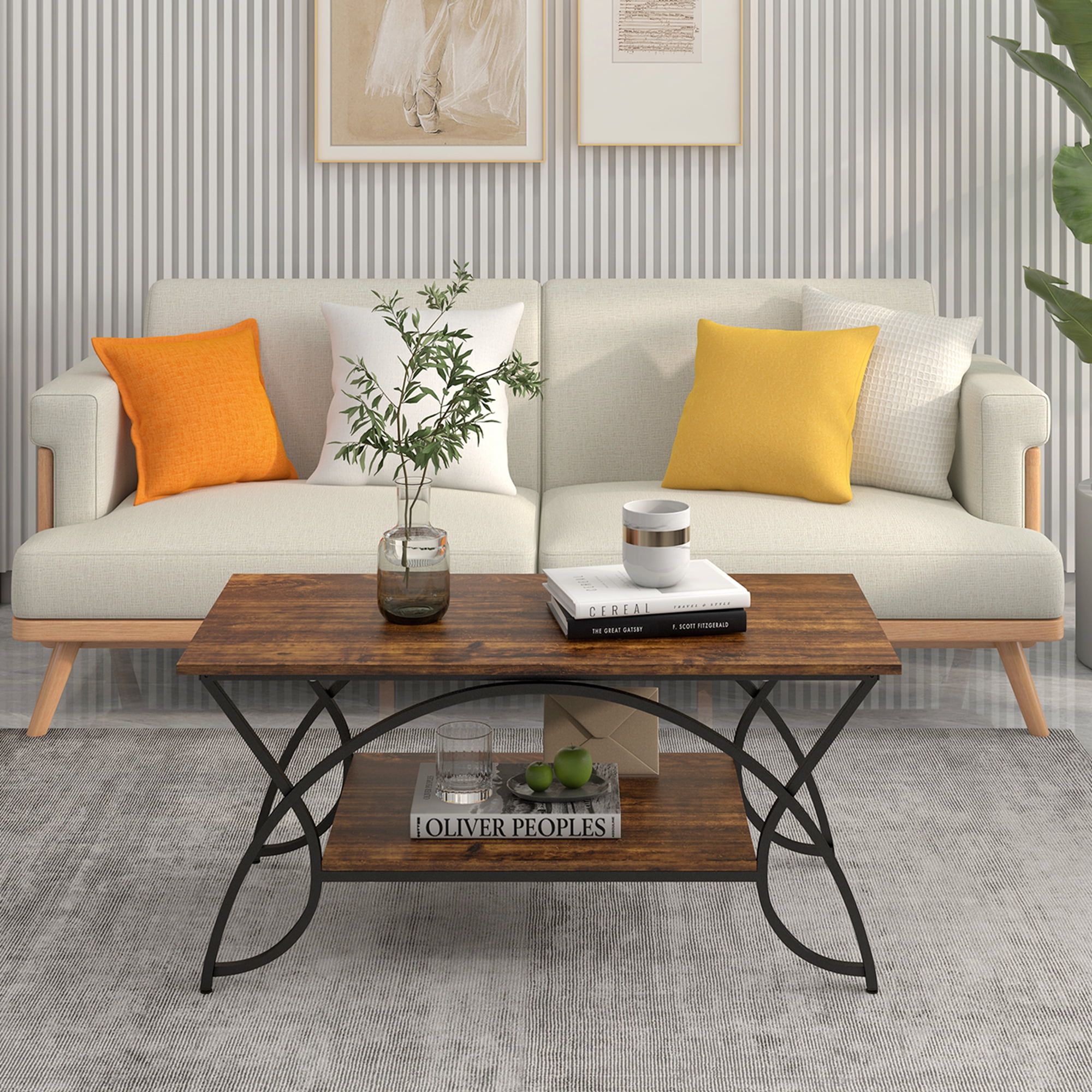Costway 2-Tier Industrial Coffee Table Rectangular Cocktail Table with Storage Shelf Rustic Brown