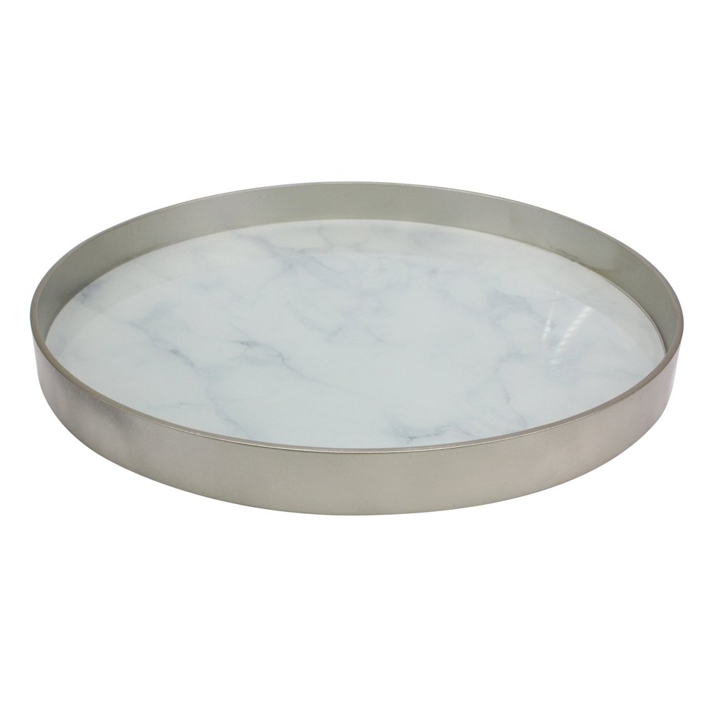 Decorative Round Silver Wooden Serving Tray with White Marble Base