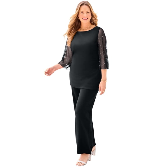 Catherines Women's Plus Size Ponte Mesh Sleeve Top